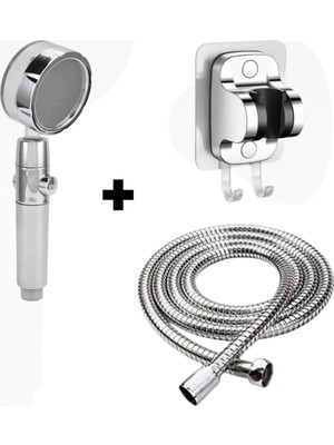 Deyhome Turbo fanlı 360 Derece dönebilen Duş Başlığı +Kendiliğinden Yapışkanlı Mafsal (Askı) + 150 cm Örgülü Hortum