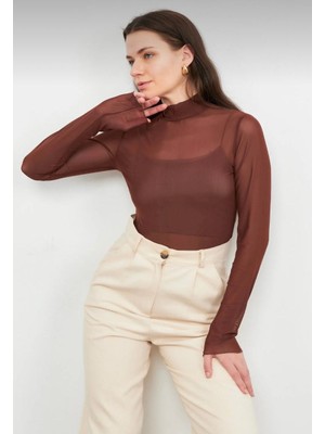 Sarı Butik Kahverengi Tül Transparan Bluz