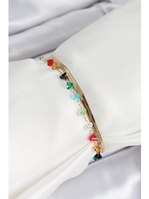 316L Çelik Gold Renk Kristal Karışık Renkli Taşlı 2'li Kadın Bileklik