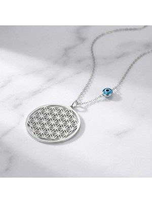 Arvenia Silver Yaşam Çiçeği Kafes Desenli Madalyon Nazar Boncuklu Kadın 925 Ayar Gümüş Kolye