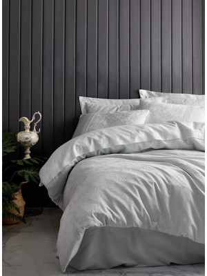 Çift Kişilik Jakarlı Saten Nevresim Takımı Leaf Buz Mavisi