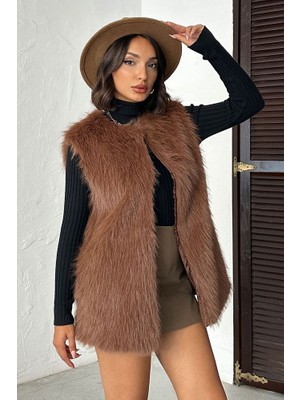 Sun Style Kürk ve Astarlı & Cepli Uzun Yelek -Büyük Beden