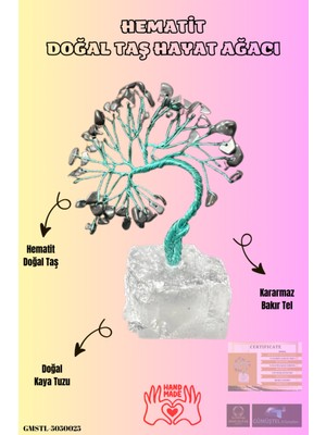 Feyza Design Doğal Hematit Taşlı Hayat Ağacı El Yapımı Biblo ve Sürpriz Hediyeli