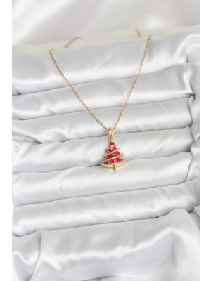 316L Çelik Zincir Gold Renk Kırmızı Çam Ağacı Model Yılbaşı Temalı Kadın Kolye