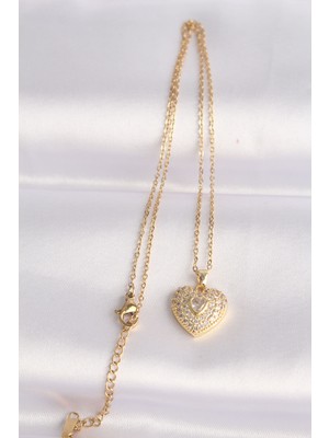 316L Çelik Zincir Altın Renk Zirkon Taşlı Kalp Kolye