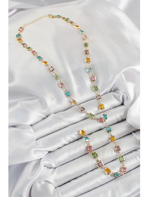 Pirinç Asorti Kare Model Gold Renk Zirkon Taşlı Y Kolye