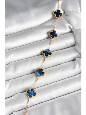 316L Çelik Sedefli Lacivert Gold Renk Yonca Kadın Bileklik