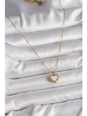 316L Çelik Gold Renk Zincir Sedefli Kalp Model Kadın Kolye
