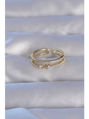 Pirinç Gold Renk Zirkon Taşlı Kalpli Su Yolu Model Ayarlanabilir Yüzük