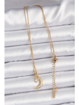 316L Çelik Zincir Altın Renk Zirkon Taşlı Sallantılı Ay Yıldız Kolye