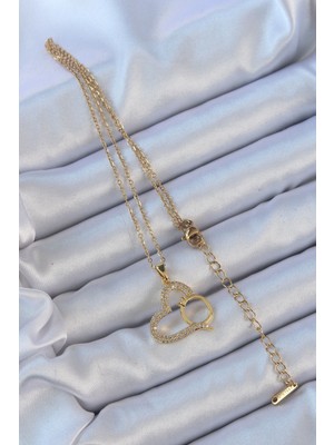 316L Çelik Zincir Altın Renk Zirkon Taşlı Yüzüklü Kalp Kolye