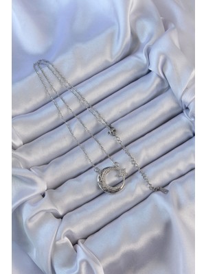 316L Çelik Zincir Gümüş Renk Zirkon Taşlı Motifli Ay Yıldız Kolye