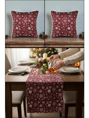 Visionario Yılbaşı Temalı Yıldız Desenli Kadife Kırlent Kılıfı ve Masa Runner Seti Dijital Baskı