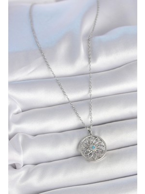 316L Çelik Gümüş Renk Zincir Mavi Taşlı Lotus Model Kadın Kolye