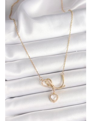 316L Çelik Gold Renk Zincir Zirkon Taşlı Düğüm Sallantı Kalp Model Kadın Kolye
