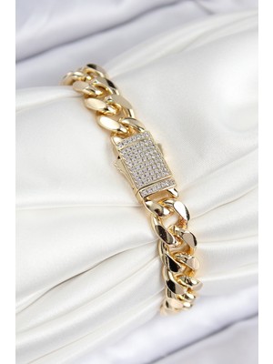 Vıp Pirinç Zirkon Taşlı Cuba Model Gold Renk Kadın Bileklik