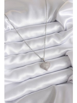 316L Çelik Zincir Gümüş Renk Zirkon Taş Detay Kalp Model Kadın Kolye