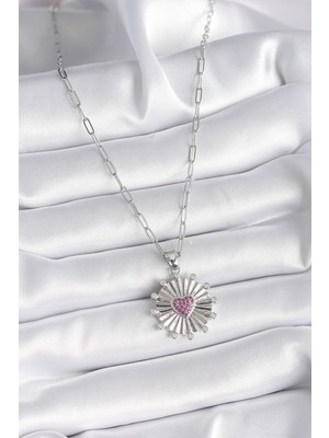 316L Çelik Gümüş Renk Pembe Zirkon Taşlı Kalp Işleme Madalyon Model Kadın Kolye