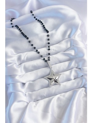 Gümüş Renk Siyah Boncuk Zirkon Taşlı Pirinç Yıldız Model Vip Seri Kadın Kolye