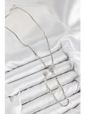 Pirinç Zirkon Taşlı Ezme Zincirli Madalyon Model Gümüş Renk Y Kolye