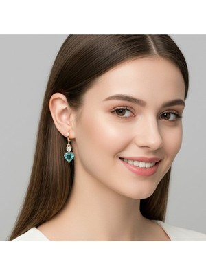 Heppii Turkuaz Mavi Sallantılı Kalp Taşlı Charmlı Halka Küpe Minimal Şık Tasarım