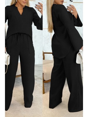 ModaSize Kadın Uzun Kollu V Yakalı Keten Bluz Bağcıklı Pantolon Ikili Takım