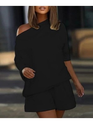 ModaSize Kadın Kayık Yaka Salaş Iki Iplik Bluz ve Şort Ikili Takım