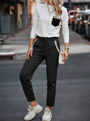 ModaSize Kadın Uzun Kollu Bisiklet Yaka Cepli Viskon Iki Iplik Bluz ve Pantolon Ikili Takım