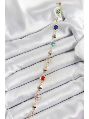 Pirinç Karışık Renk Zirkon Taşlı Gold Renk Kadın Bileklik