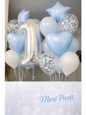 Meri Parti Açık Mavi Silver 1 Rakamlı Kalpli Yıldızlı Konfetili Balon Buketi – 1 Yaş Doğum Günü Balon Seti