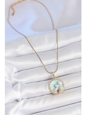 316L Çelik Gold Renk Zincir Mavi Mineli Inci Çiçek Işlemeli Zirkon Taş Detaylı Madalyon Mode