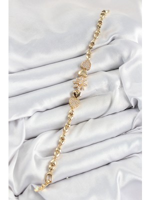 Pirinç Zirkon Taşlı Kalp Detaylı Çiçek Model Gold Renk Kadın Bileklik