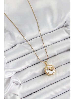 316L Çelik Zincir Beyaz Mineli Sanatsal Portre Istiridye Model Gold Renk Kadın Kolye