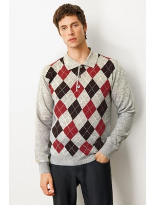 Centilmen Desen Polo Yaka Önü Baklava Desenli Yün Kazak 24513