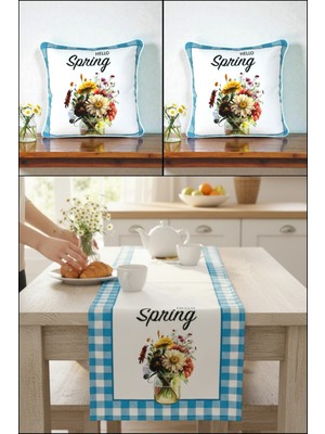 Visionario Bahar Temalı Hello Spring Kadife Kırlent Kılıfı ve Masa Runner Seti Dijital Baskı
