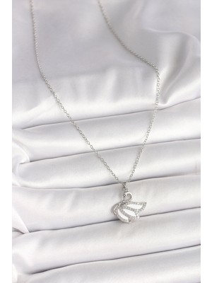 316L Çelik Gümüş Renk Zincir Zirkon Taşlı Kuğu Model Kadın Kolye