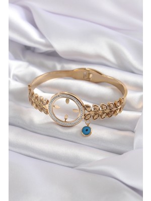 316L Çelik Gold Renk Çeyrek Takılabilen Zirkon Taş Detay Kadın Kelepçe