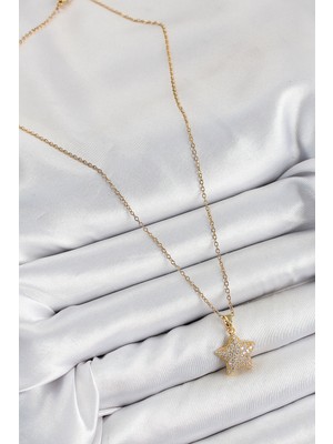 316L Çelik Zirkon Taşlı Yıldız Model Gold Renk Kadın Kolye