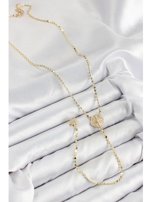 Pirinç Zirkon Taşlı Ezme Zincirli Madalyon Model Gold Renk Y Kolye
