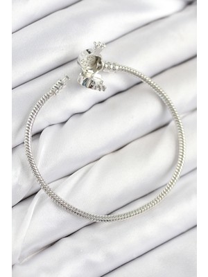 Pirinç Charm Zirkon Taşlı Taç Model Gümüş Renk Kadın Bileklik