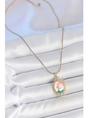 316L Çelik Gold Renk Zincir Mix Renk Çiçek Işlemeli Zirkon Taş Detaylı Portre Model Kadın Ko