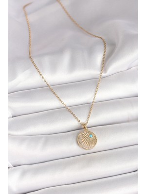 316L Çelik Gold Renk Zincir Zirkon Taş Işlemeli Mavi Taş Detaylı Madalyon Model Kadın Kolye