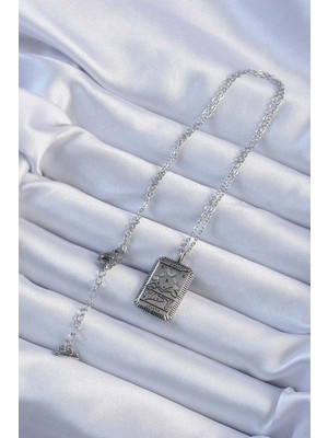 316L Çelik Zincir Eskitme Gümüş Renk Ay Figürlü Tarot Kolye