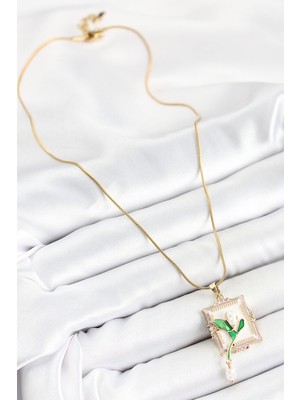 316L Çelik Zincir Beyaz Sanatsal Portre Sallantılı Inci Detaylı Lale Model Gold Renk Kadın Kol