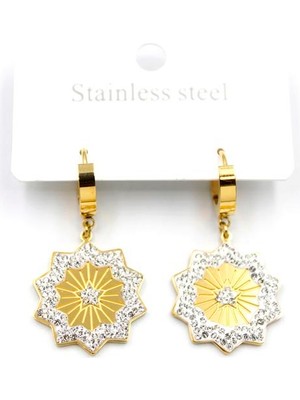 ModaSize Taşlı Yıldız Çelik Halka Küpe - Altın