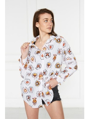 Comstar Kadın Oversize Renkli Desenli Uzun Basic Gömlek