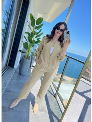 ModaSize Kadın Uzun Kollu Önden Fermuarlı Modal Ceket ve Pantolon Ikili Takım