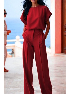 ModaSize Kadın Kısa Kollu Bisiklet Yaka Bluz Yüksek Bel Cep Detaylı Pantolon Atlas Ikili Takım