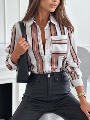 ModaSize Kadın Uzun Kol Cep Detay Dijital Baskılı Mosskrep Kumaş Gömlek