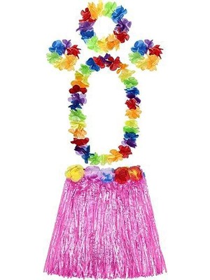 Yetişkin ve Çocuk Uyumlu Luau Aloha Hawaii Pembe Etek ve Renkli Kolye Taç 2 Adet Bileklik Seti